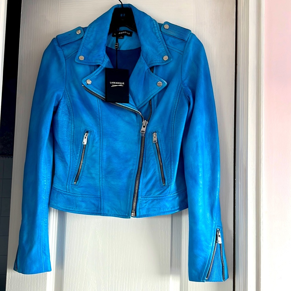 blue leather jacket. NEVER WORN-still with tags on
